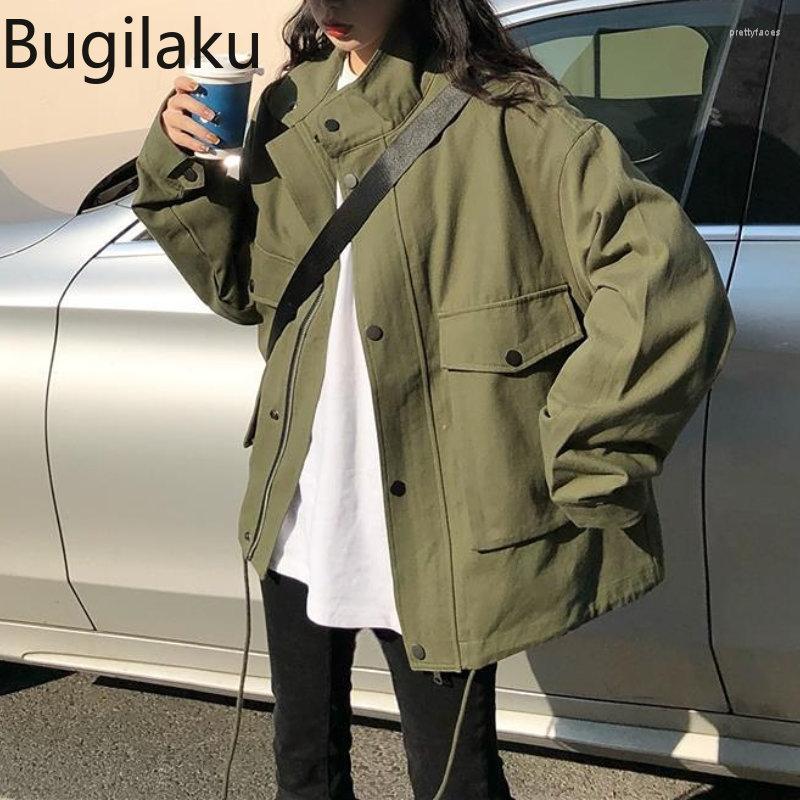 

Women's Trench Coats Bugilaku High Street Casual Women Solid Color Loose Pockets Outerwear Korean Style Fashion All-match Jackets, Black