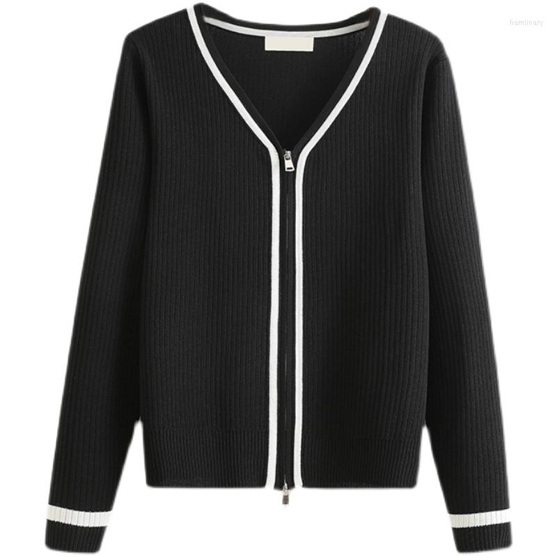 

Women's Knits Plus Size Core-spun Elastic Top Women V-neck Korean Cardigan Spring And Autumn Coat Knitted Zipper Long Sleeves Black White