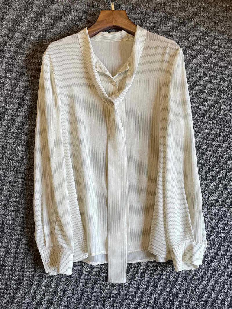 

Women' Blouses Women Ribbon Stripes Bloues Long Sleeve Silk Loose 2023 Spring Chemise Lace-up Covered Buttons Shirts, Shirt