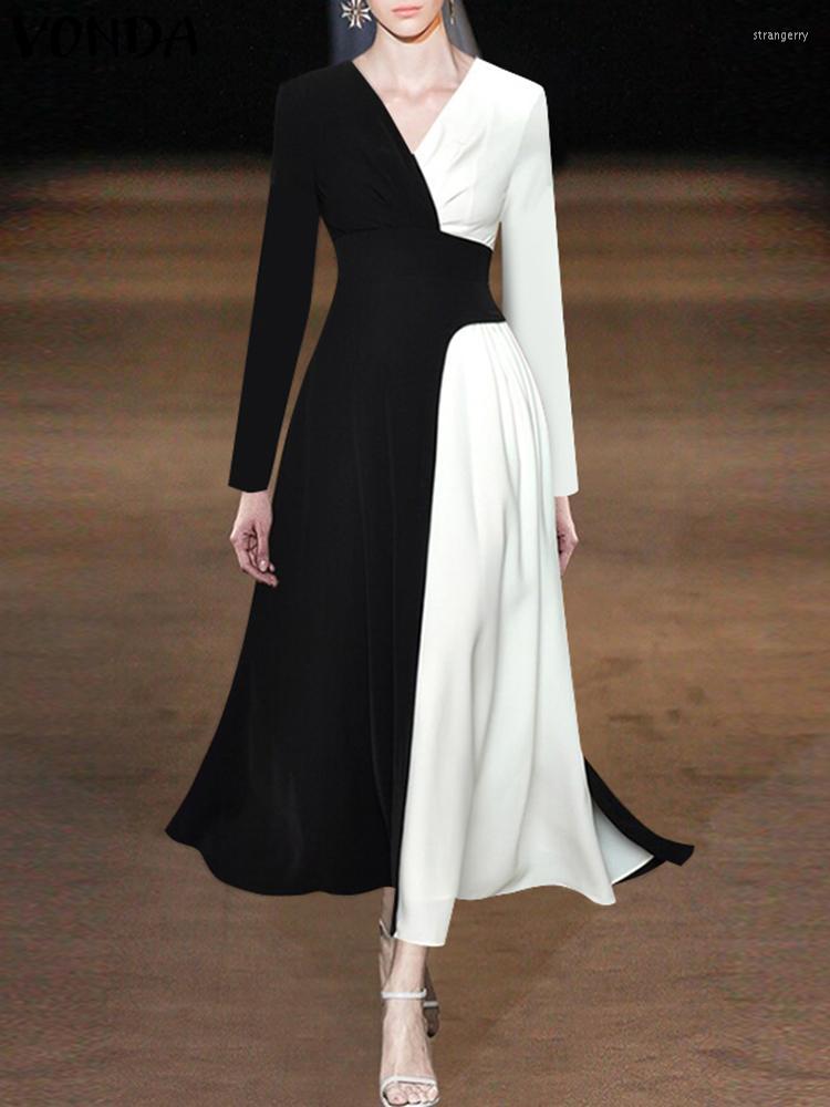 

Casual Dresses VONDA Sexy Evening Dress 2023 Women Long Sleeve V Neck Elegant Party Maxi Vestidos Fashion Color Patchwork A-Line Robe, Black