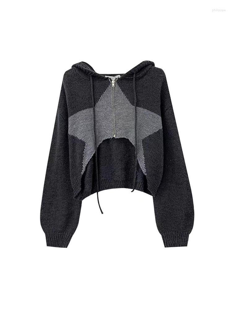 

Women's Knits Vintage Patchwork Short Women Knit Cardigan Sweater Autumn Loose Zipper Hoodies Knitwear 2023 Lady Asymmetric Chic Design, Blue
