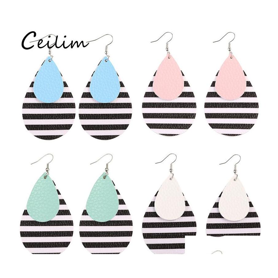 

Charm Fashion Women Colorf Pu Leather Earrings Black And White Stripes Waterdrop Double Layer Drop Earring Designer Jewelry Christma Ot67E