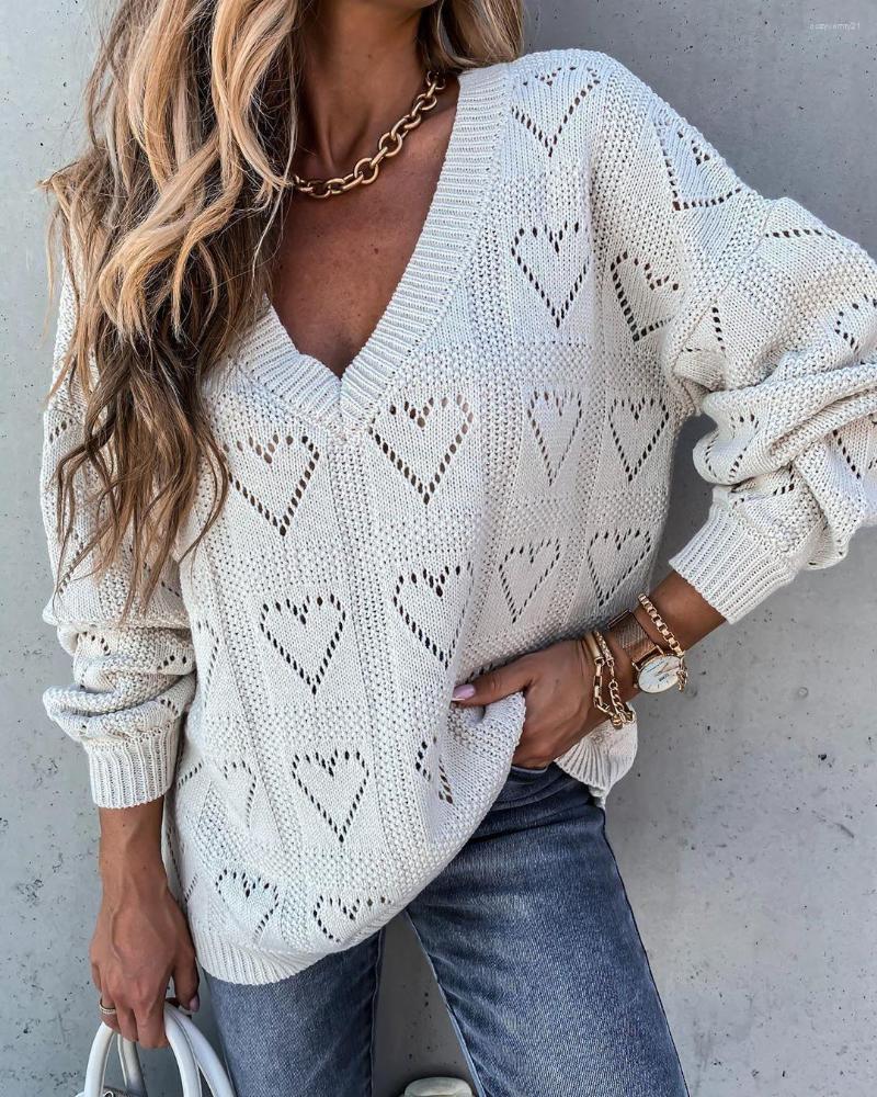 

Women' Sweaters 2023 Autumn Women' V Collar Solid Color Knit Wear Hollow Sweater, Green