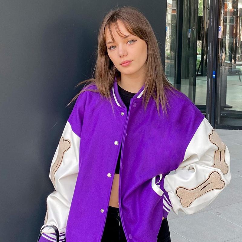 

Women' Jackets Women Single-Breasted Baseball Jacket Ladies Girls Fashion Contrast Color Button Down Boyfriend Baggy Coats Outwear, Black