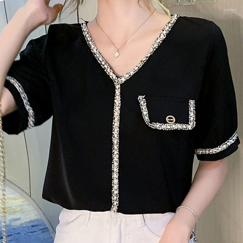 

Women's Blouses Clothing Femme Chiffon Women's 2023 V-neck Loose Summer Short Sleeve Large Size Women Tops And Spliced Solid 1628, Black