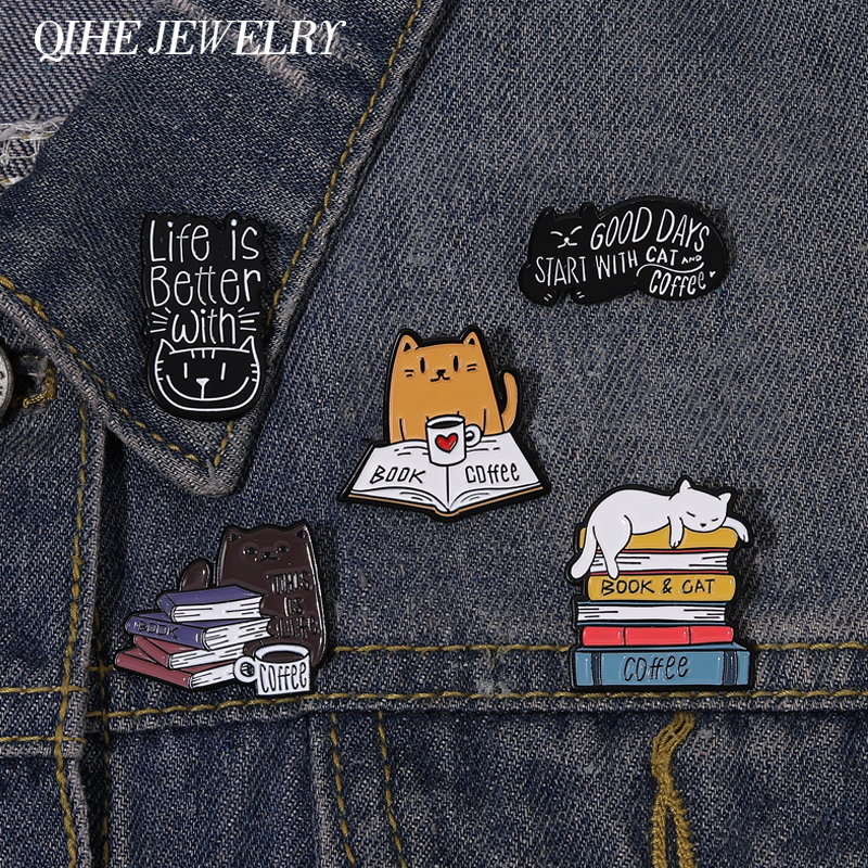 

Book Coffee Cat Enamel Pin Badge Animals Brooch Metal Cartoon Kitten for Friends Lapel Clothes Jewelry Sweater Accessories