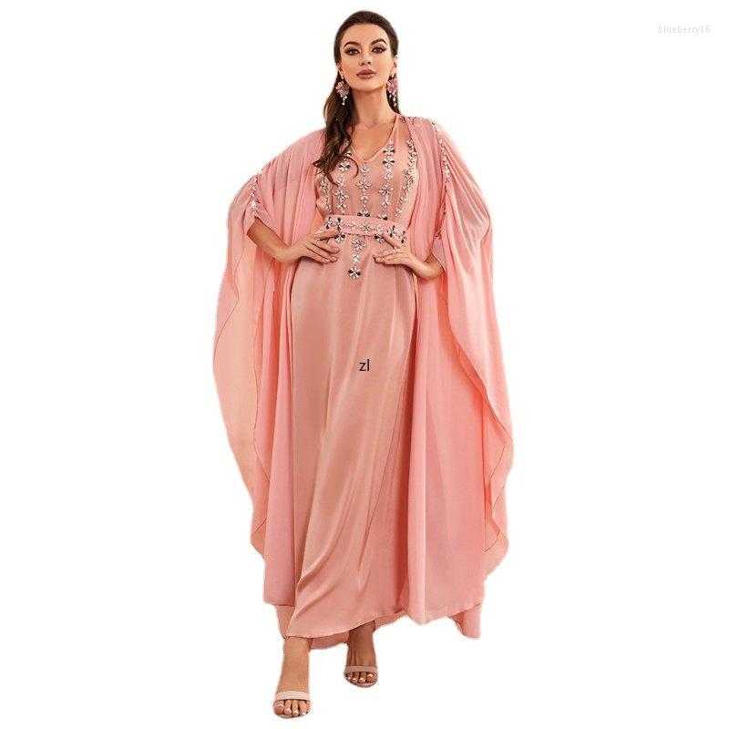 

Ethnic Clothing 2pieces Evening Dresses Suits Moroccan Kaftan Women Handsewn Rhinestone Chiffon Abaya Satin Slip Dress Eid Muslim Party Sets