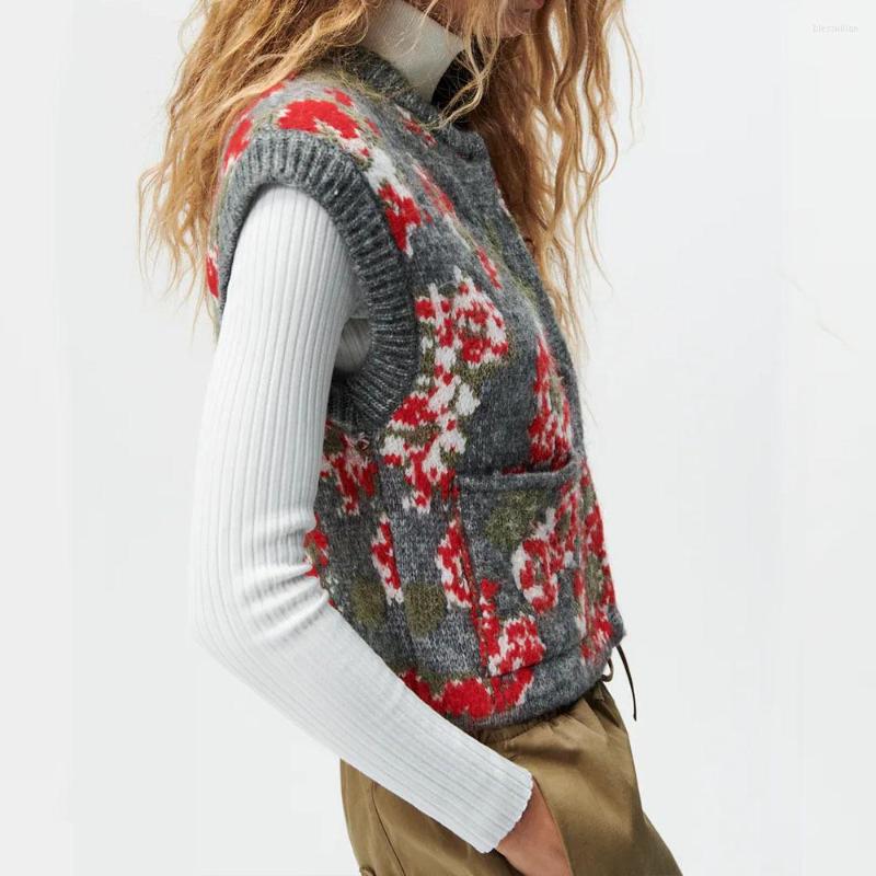 

Women' Tanks Women' Round Neck Sleeveless Flower Jacquard Knitted Vest, Color