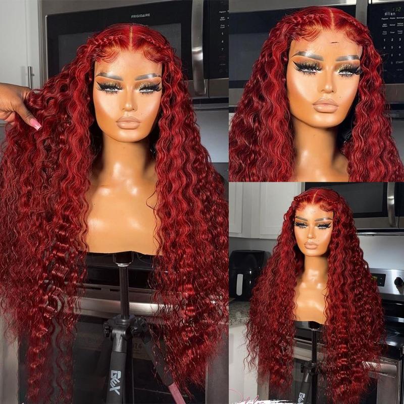 

Burgundy Transparent Deep Wave Lace Frontal Wig 32 Inch 13x4 Red Color Brazilian Remy 150% Curly Human Hair Wigs For Women, 13x4 lace wig
