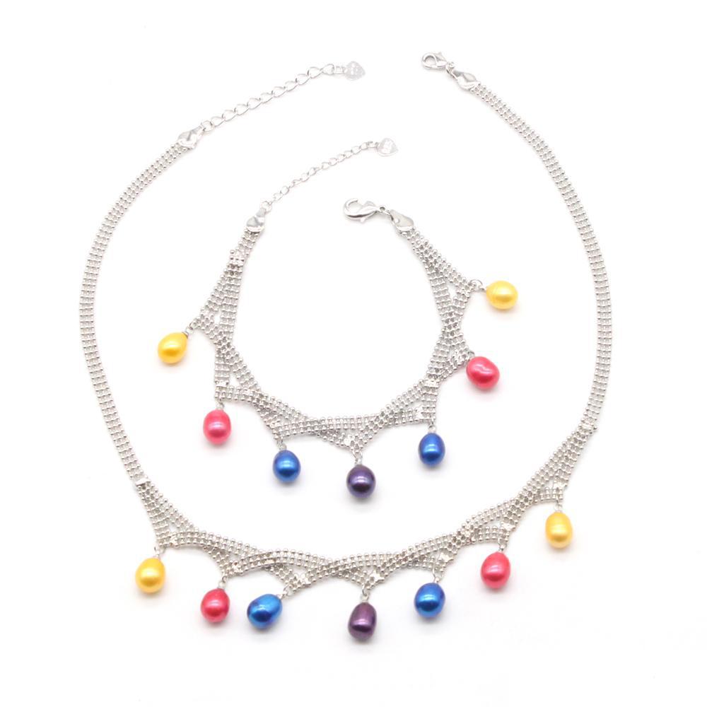 

Bracelet Necklace Freshwater Rice Pearl Pendant Sets 78Mm Dyed Color Oval Mounted On Sier Plated Chain For Women Drop Delivery Jewe Dhjo5, Randomly sended colors