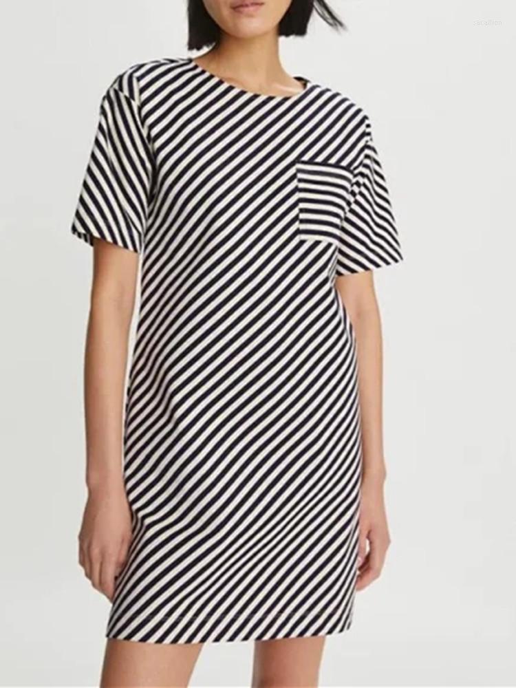 

Party Dresses Women' Logo Embroidery Striped Color Contrast O-Neck Short Sleeve Single Pocket Casual Mini Cotton Dress