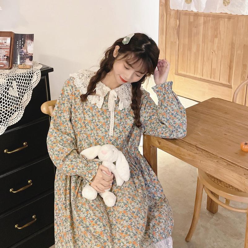 

Casual Dresses Japanese Style Lace Turndown Collar Dress Cotton Linen Floral Print Long Sleeve Loose Women, Green