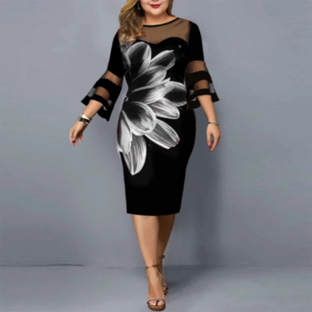 

Plus size Dresses 5XL  Plus Size Summer Dress Fashion Floral Print Mesh See Through Bodycon Sexy Party Dress Black Outfits Office Dresses 230203, Fuchsia