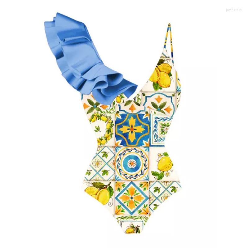 

Women' Swimwear CPUTAN 2023 One Piece Swimsuit Sexy Women Ruffle With Sarong Monokini Brazilian Cover Up Female Print Bathing Suit, Blue