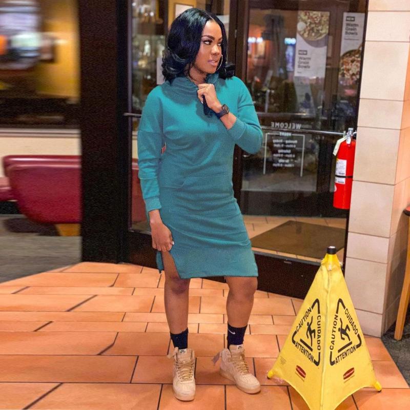 

Casual Dresses 2023 INS High-end Sweet Office Lady Solid Hoodies Dress Hooded Full Sleeve Women High Waist Short Spit Pencil, Blue
