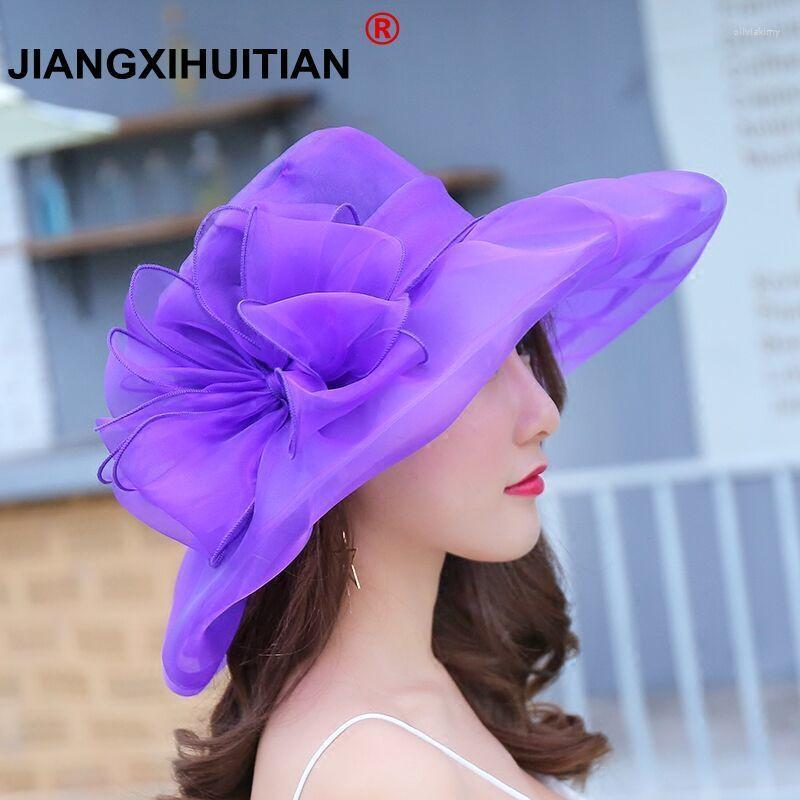 

Wide Brim Hats 2023 Women Summer Silk Sun Hat Floral Flowers Floppy Visors Female Elegant Sea Beach Caps Protective