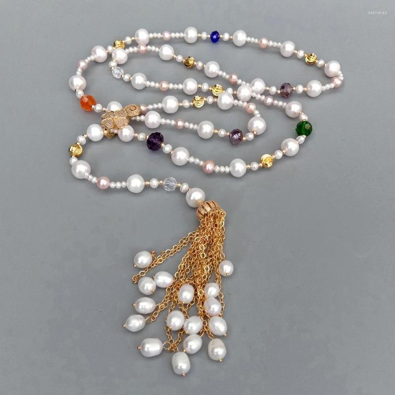 

Chains YYGEM Natural Cultured White Pearl Long Multi Color Crystal Tassels Sweater Chain Necklace 41" Women Strand Gifts