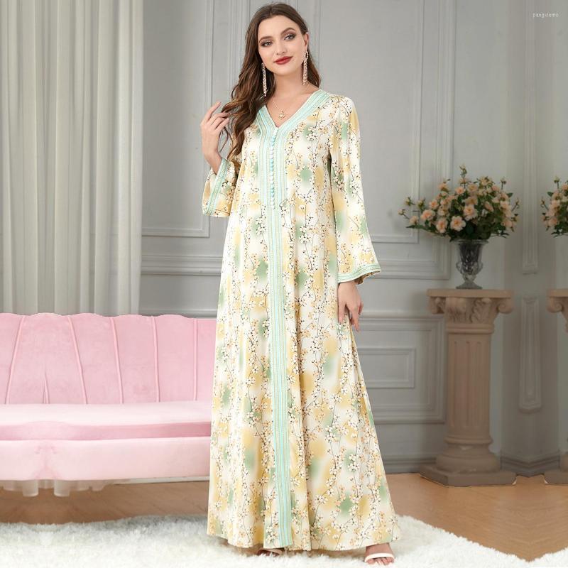 

Ethnic Clothing Elegant Muslim Print Dress For Women Ramadan Islamic Femme Jalabiya Eid Arabic Abaya Robe Dubai Turkry Moroccan Kaftan