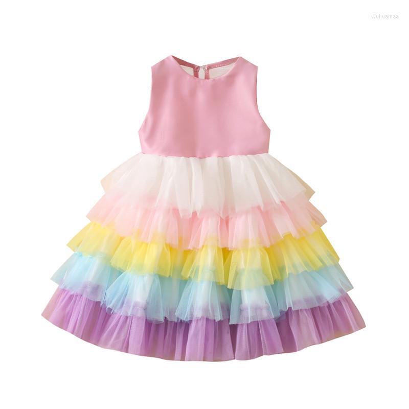 

Girl Dresses Kids Little Girls Sweet Layered Dress Summer Rainbow Mesh Splicing Round Collar Bow Decoration Sleeveless Princess Party, Picture shown