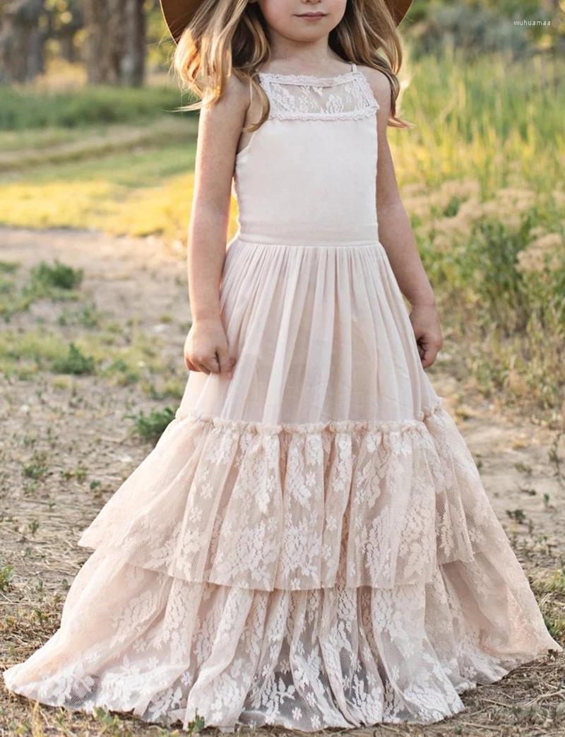 

Girl Dresses Lace Chiffon Backless Long Dress Wedding Flower Fashion Sweet Birthday Party Girls, Beige