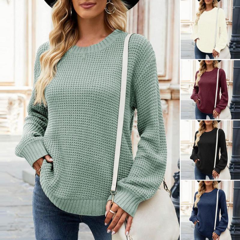 

Women' Sweaters Women Knitwear O-Neck Long Sleeve Ribbed Trim Arc Hem Autumn Winter Solid Color Loose Waffle Bottoming Sweater Streetwear, Black