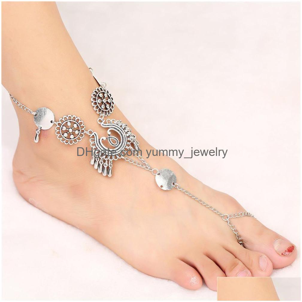 

Anklets Retro Bohemian Style Antique Sier Hollow Lady Anklet Bracelet Fashion Tassels Water Drop Foot Jewelry Delivery Dh3Ik