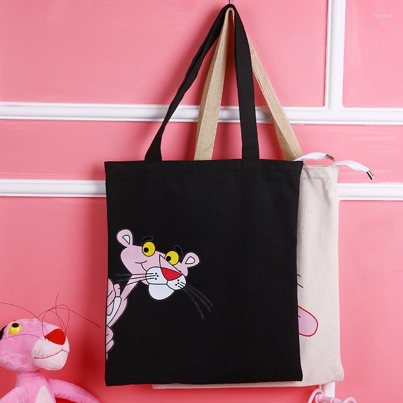 

Evening Bags Women Student Personality Canvas Bag Cute Pink Panther Shoulder Tote Handbag Eco Shopping Large Capacity Travel Purse T18