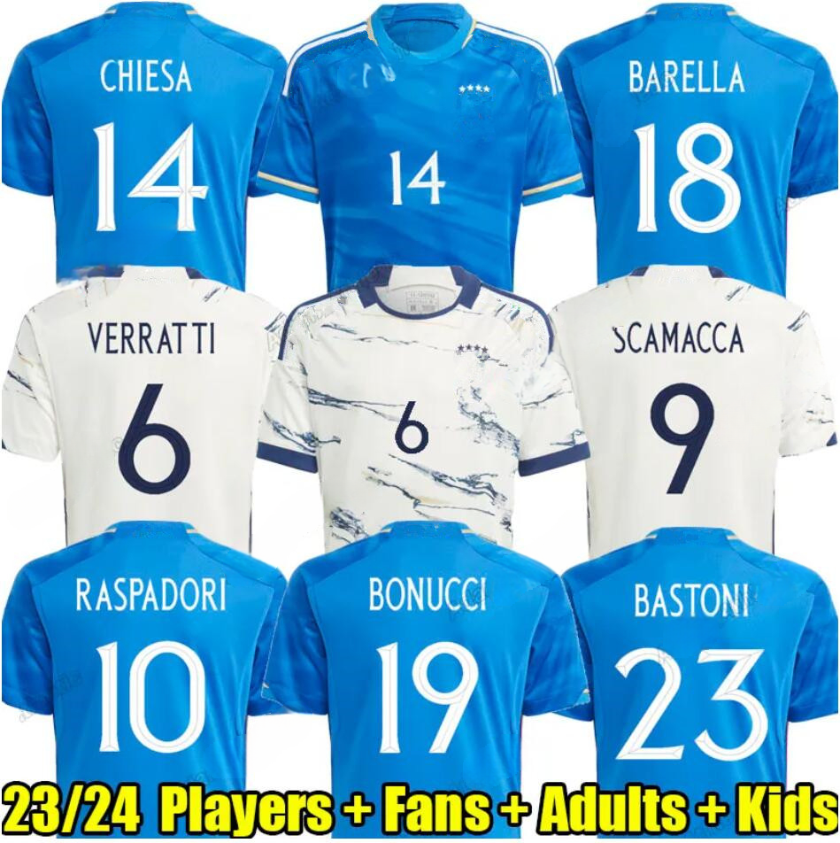 

2023 Italys home away soccer jerseys SCAMACCA IMMOBILE CHIESA football shirts RASPADORI JORGINHO BARELLA BASTONI VERRATTI Maglia italiana national team, 23-24 home