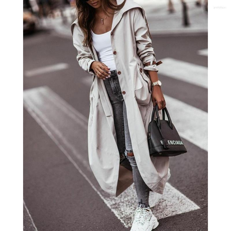 

Women' Trench Coats Autumn Women Single Breasted Pocket Design Belted Hem Coat Fashion Long Sleeve Oversized Casual Outfits Street, Gray