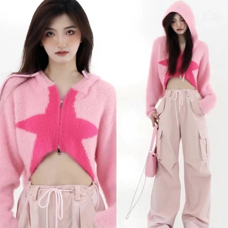 

Women's Knits Tees Vintage star hooded cardigan women's loose short coat autumn knitted sweater streetwear y2k clothes Goth Fairy Grunge 2000s top 230203, Apricot