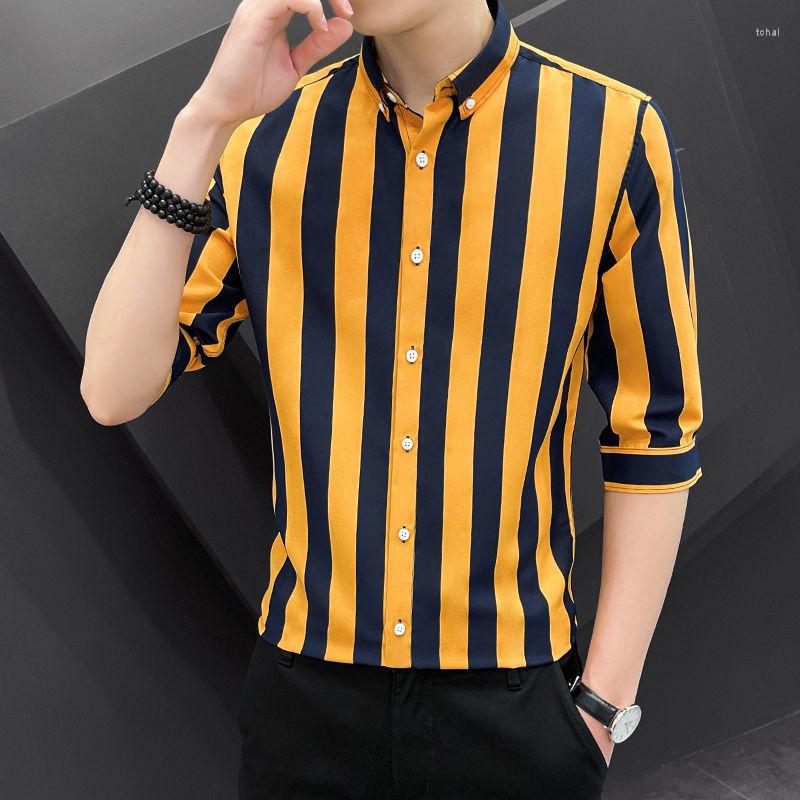 

Men' Casual Shirts 2023 Men' Clothing Fashion Striped Printed Spring Summer 3/4 Sleeve Single-breasted Polo-Neck Korean Daily, Black