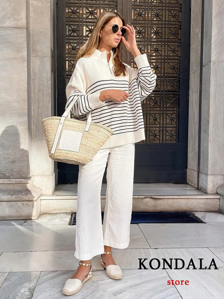 

Women' Sweaters KONDALA Vintage Women Fashion Stripe Loose Zipper Knitting Long Sleeve Female Pullover Tops Casual Blouse 230203, Beige