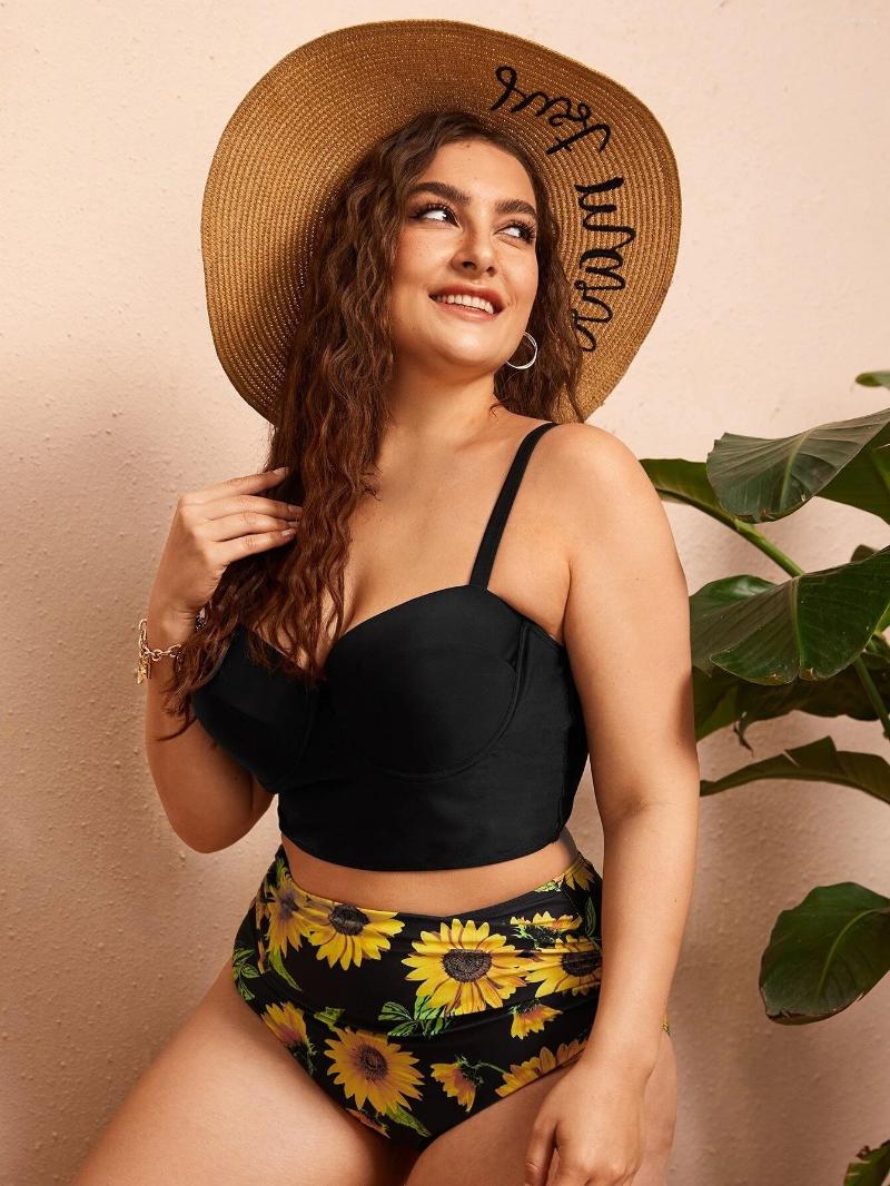 

Women's Swimwear 2023 Large Size Bikini Set Sunflower Women Push Up Swimsuit High Waist Beachwear Summer Bathing Suit Female 4XL, Hei
