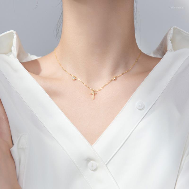 

Chains 1pc Real. 925 Sterling Silver Gold /White Cross &Star &Heart Cz Set Clavicle Necklace Statement Station Pendant GTLX2061