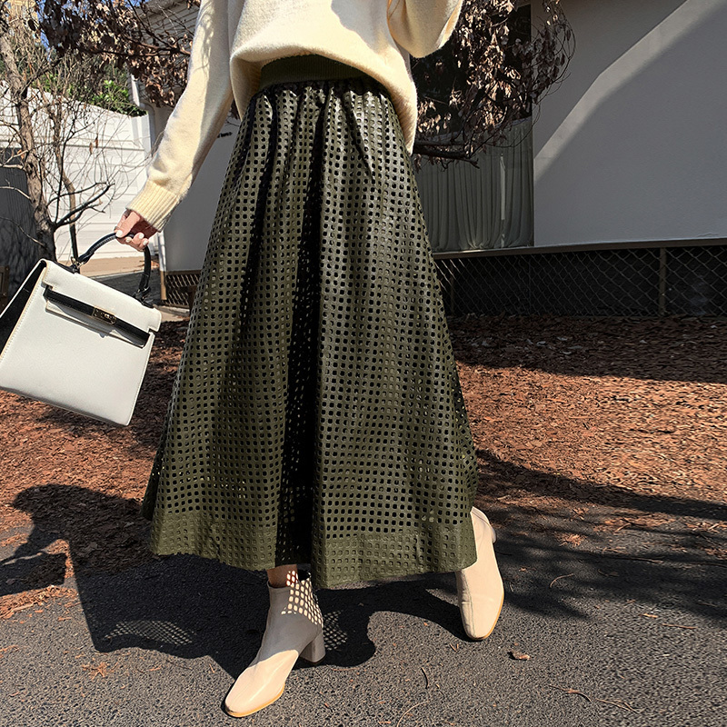 

Skirts Elegant Women Hollow Out Leather PU Skirt Spring Autumn A-Line Loose Ladies Female Casual High Waist Midi L511 230202, Beige