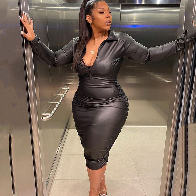 

Plus size Dresses Plus Size Dresses Zipper Sexy Black Dress Clubwear Stretchy Leather Long Sleeve Midi Dress Bodycon Wholesale Drop 230203