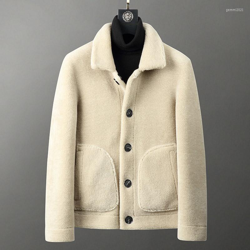 

Men's Leather Sheep Shearing Jacket Mens Male Short Winter Real Particles Lamb Fur Coat Wearable On Both Sides, Beige