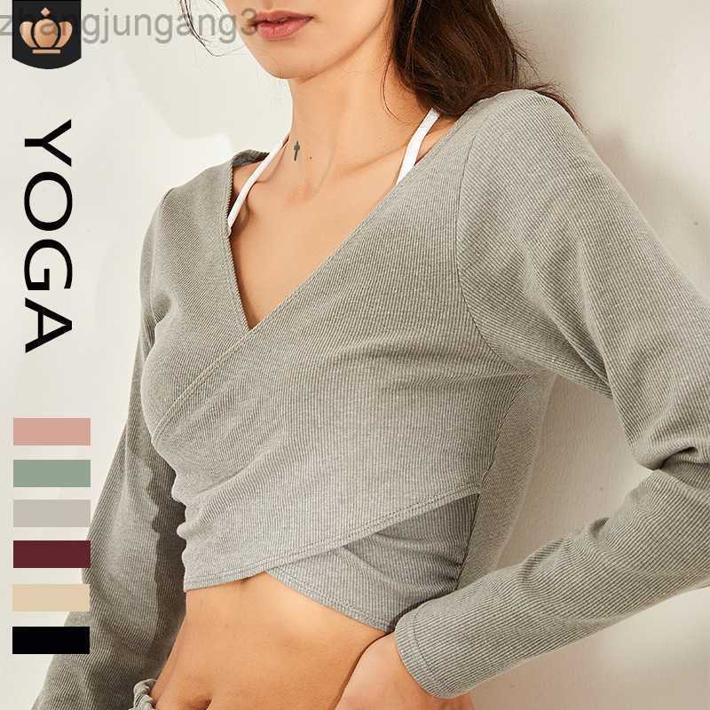 

Designer Brand Tank Top Alos Yoga Top Women' V-neck Casual Breathable Sports Long-sleeved Sexy Cross Waist Quick-drying Yoga T-shirt, Tobacco powder