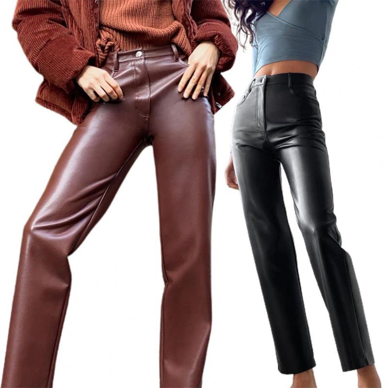 

Women' Pants & Capris Women 2023 Lady Solid Color High Waist Faux Leather Straight Spring Trousers For Daily Wear, Black