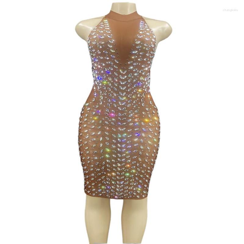 

Stage Wear Women Sparkly Silver Crystals See Through Sleeveless Brown Dress Prom Party Mesh Evening Outfit Dance Birthday Celebrate, Picture shown