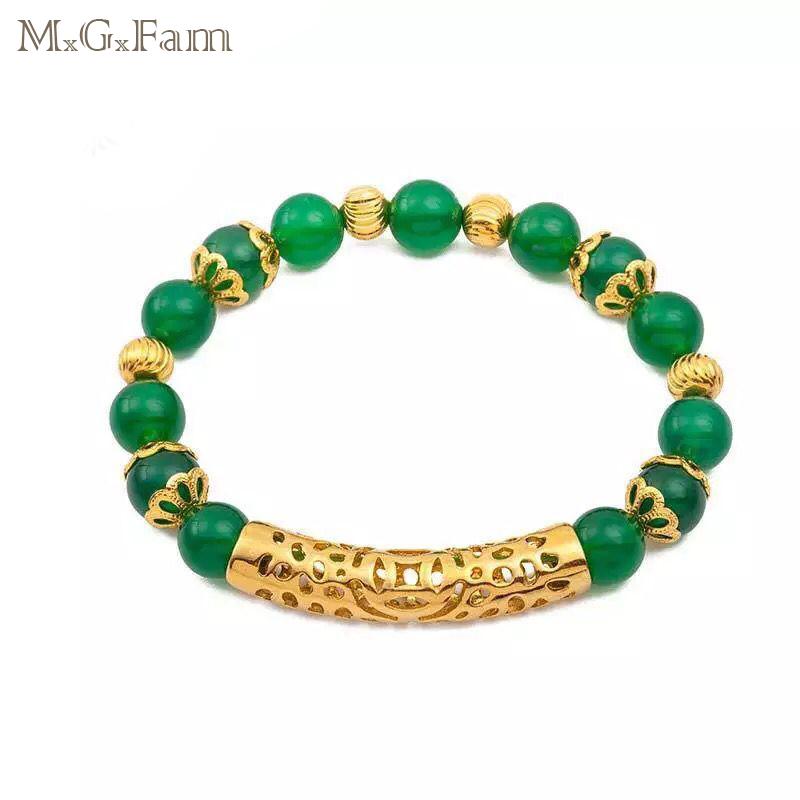 

Link Bracelets MxGxFam Green Bead Beaded Bracelet Jewelry For Women 17cm Adjusted Fashion Pure Gold Color Chain
