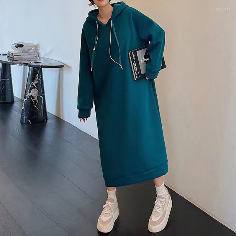 

Casual Dresses Autumn And Winter Solid Color Long Dress Women's 2023 Fashion Loose Thickened Hooded Female Sweatshirt DF244, Green