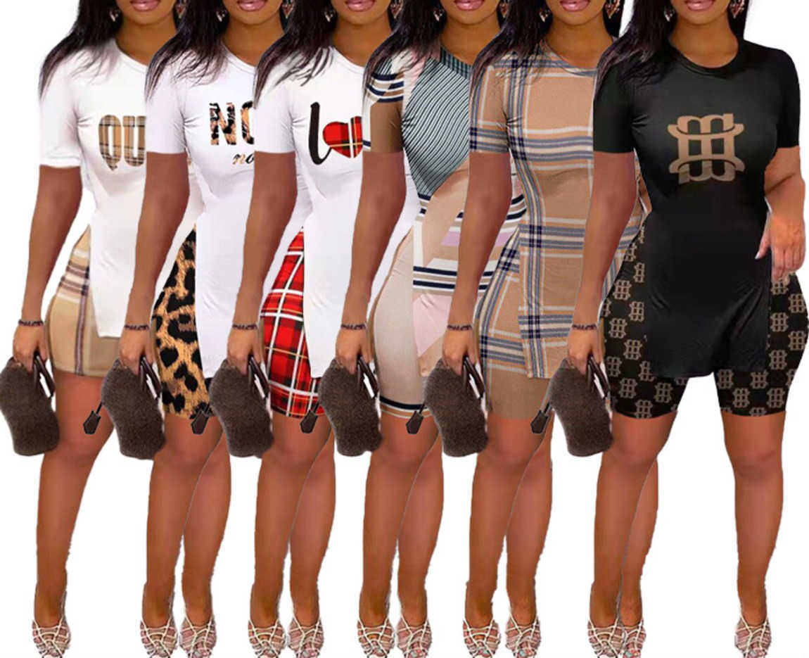 

women sports tracksuits 2023 Summer new suit letter print split hem short sleeve shorts two-piece set, Lattice khaki