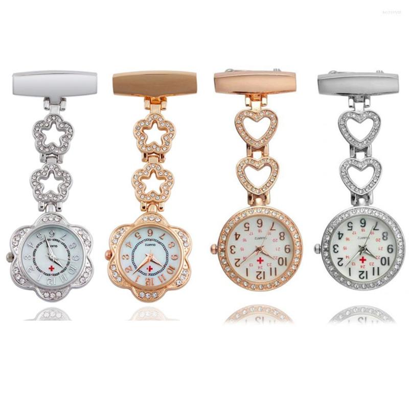 

Pocket Watches Clip-on Women Watch Quartz Brooch Fob Hanging Pin Crystal Alloy Hollow Star Heart Clock, Silver