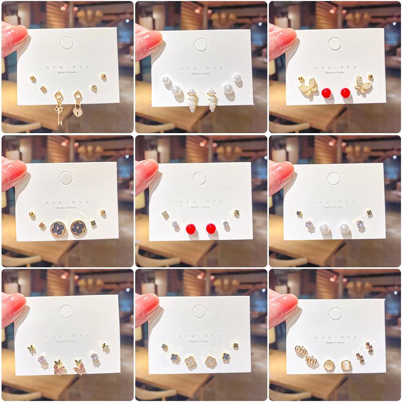 

Stud Earrings 3 Pairs/Set Mini Needle Pearl Cat Crown Feather Butterfly Earring INS Weekly Female Jewelry
