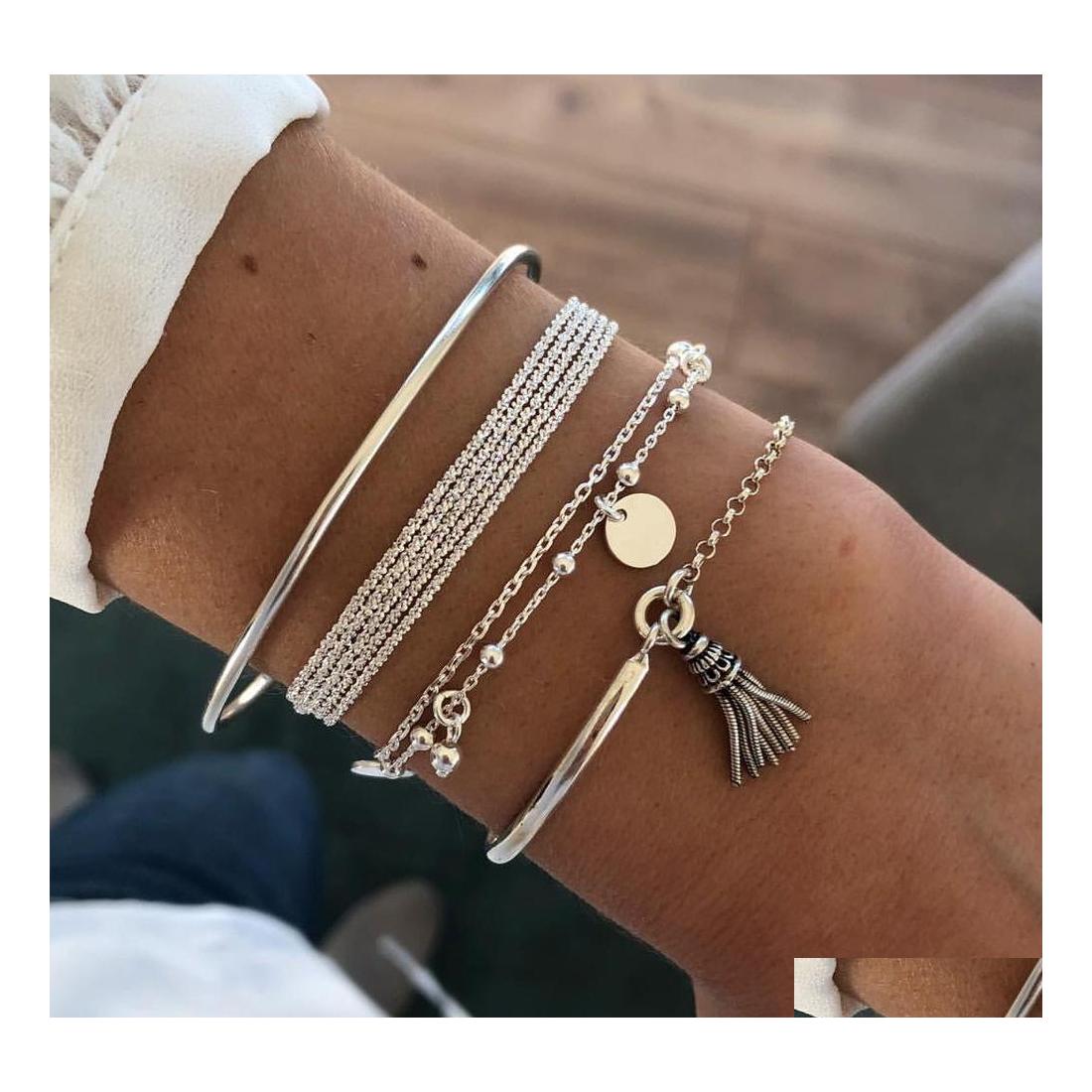 

Charm Bracelets Fashion Jewelry 4Pcs Set Bracelet Tassel Pendant Chain Bangle Braceclets Drop Delivery Dhcdj