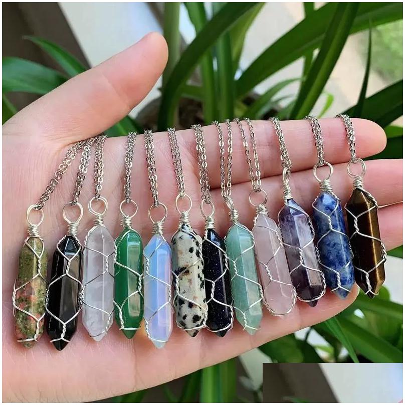 

Pendant Necklaces Reiki Healing Jewelry Mticolor Natural Stone Wire Wrap Hexagonal Amethysts Quartz Crystal Pendum Chakra Ne Dhgarden Dhsjy