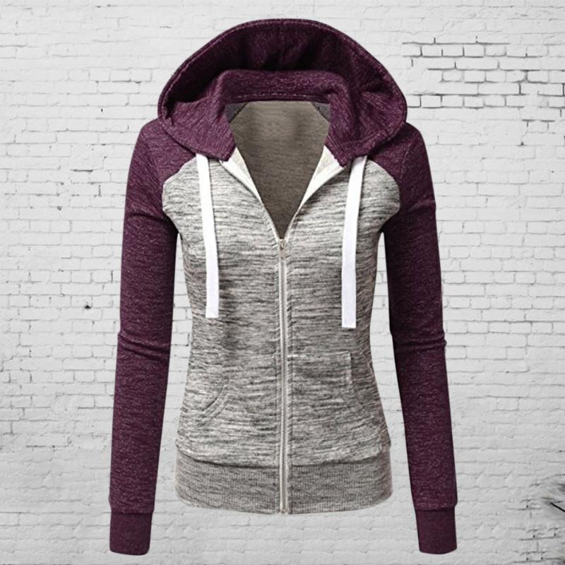 

Women' Hoodies & Sweatshirts Patchwork Tops Zip Female Hooded Casual Fashion Women Hoodie Sport Colorblock Drawstring Sweatshirt Up Jacket, Black