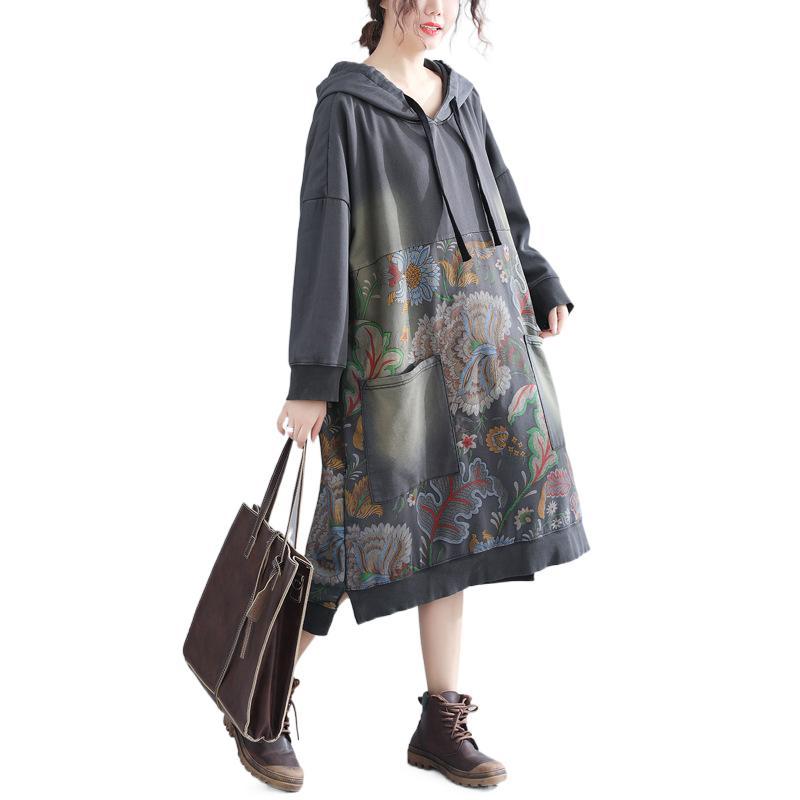 

Casual Dresses FairyNatural Designer Streetwear Women Retro Print Ladies Loose Hooded Vestidos Punk Oversized Dress Spring Autumn, Gray