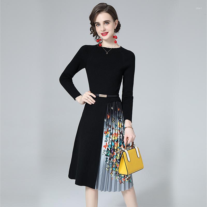 

Casual Dresses Chic Women Thick Sweater Dress Winter Crewneck Long Sleeve Elastic Stitching Butterflies Printing Pleated Knitted Robe, Picture color